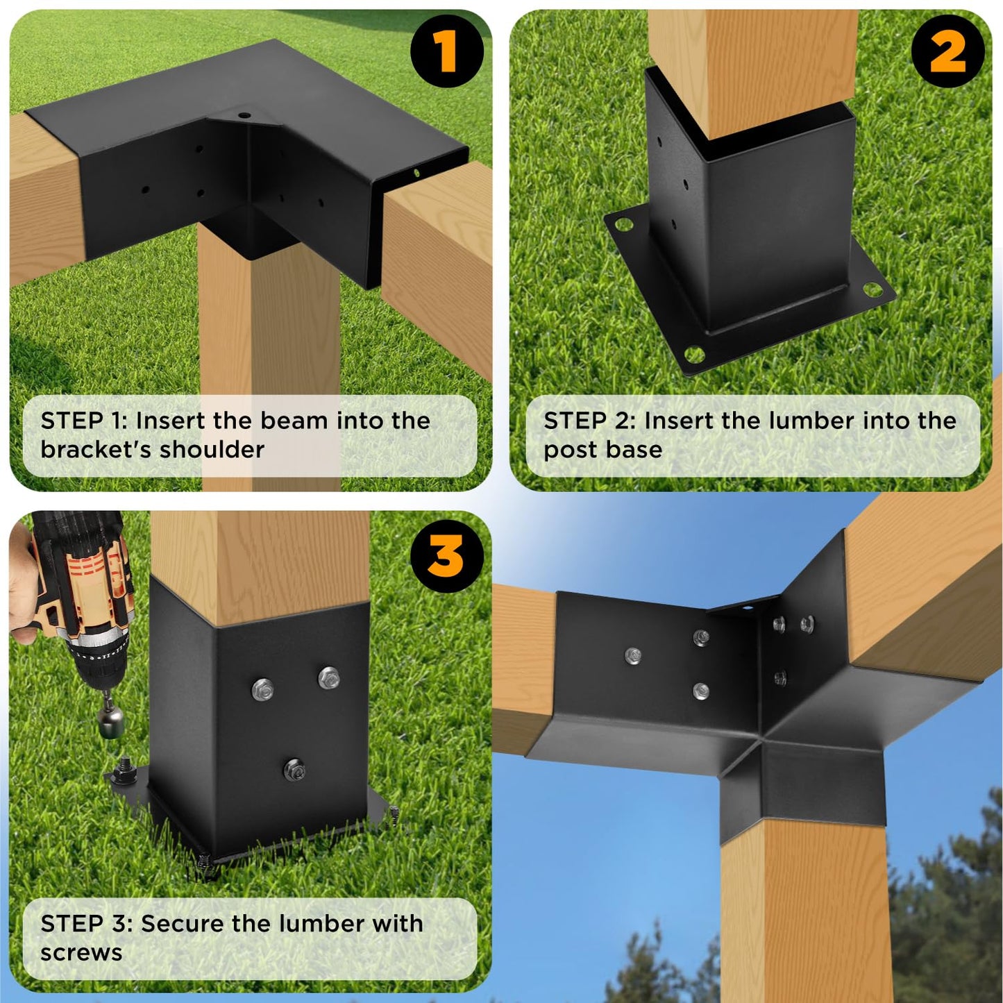 WIMART Pergola Bracket, 3-Way Pergola Right Angle Bracket, Raised Wood Bracket for 4"x4" (Inner Dimensions: 3.5"x3.5") Wooden Beam, Pergola, Garden, Gazebo,... (Set 8) - WoodArtSupply