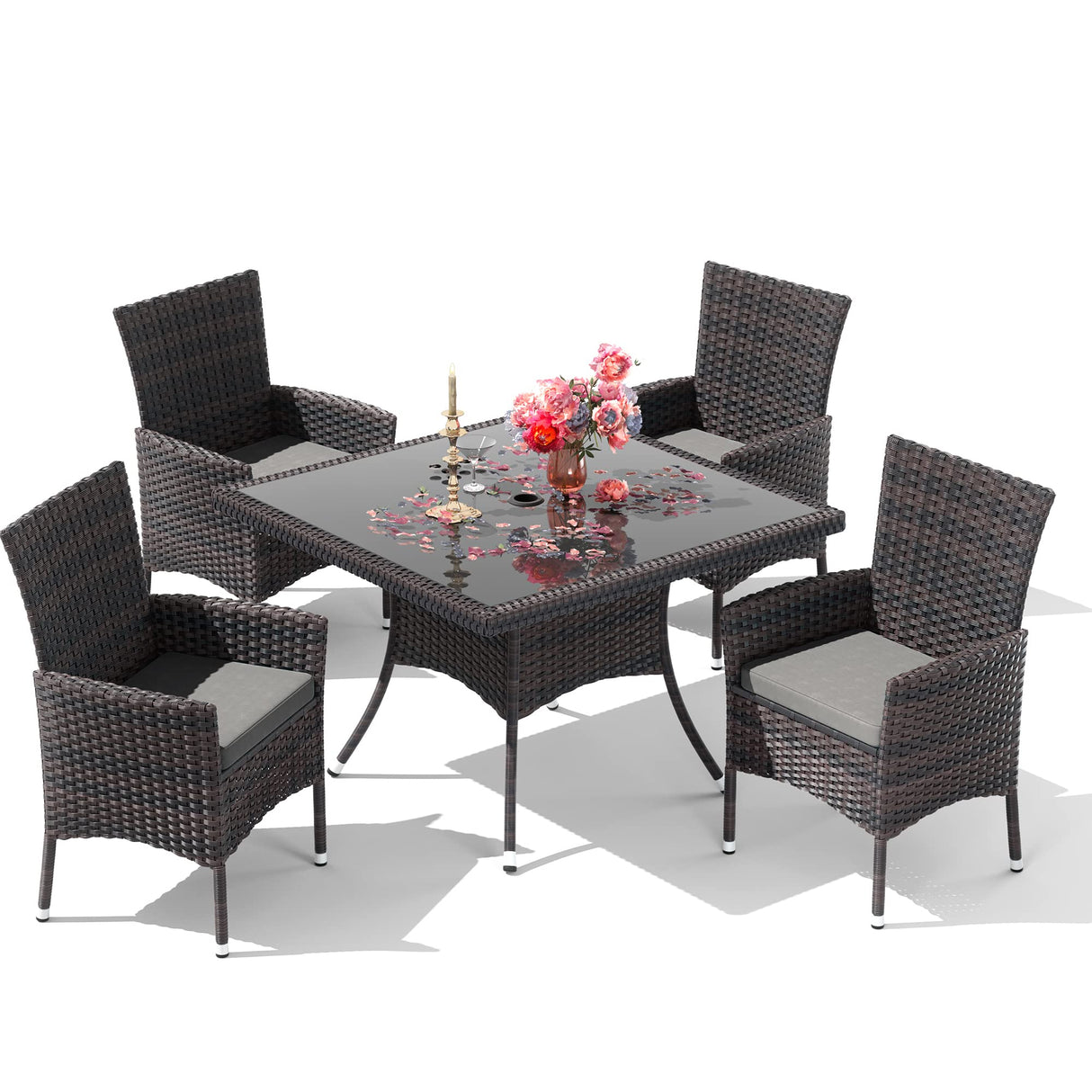 RTDTD 10 Pieces Patio Dining Set Outdoor Rattan Furniture Dinning Set with 2 Square Glass Tabletops 8 Chairs with Grey Cushions for Patio, Backyard Outdoor Kitchen Lawn & Garden RTDTD