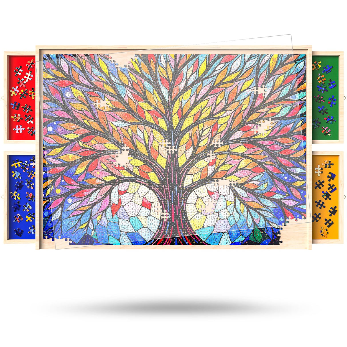 Puzzle Board with Drawers and Cover Rotatable 360-Degree Wheels 1000 Pieces Lightweight Portable Wooden Puzzle Table for Adults Kids 30'' x 22'' PETAZA