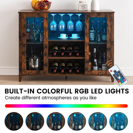Wine Bar Cabinet With LED Lights - Modern Liquor Storage Cabinet With Wine Rack, Glass Holder & Adjustable Shelves, Kitchen Bar Cabinet for Dining Room, Living Room, Home Bar or Coffee Station Attracoast