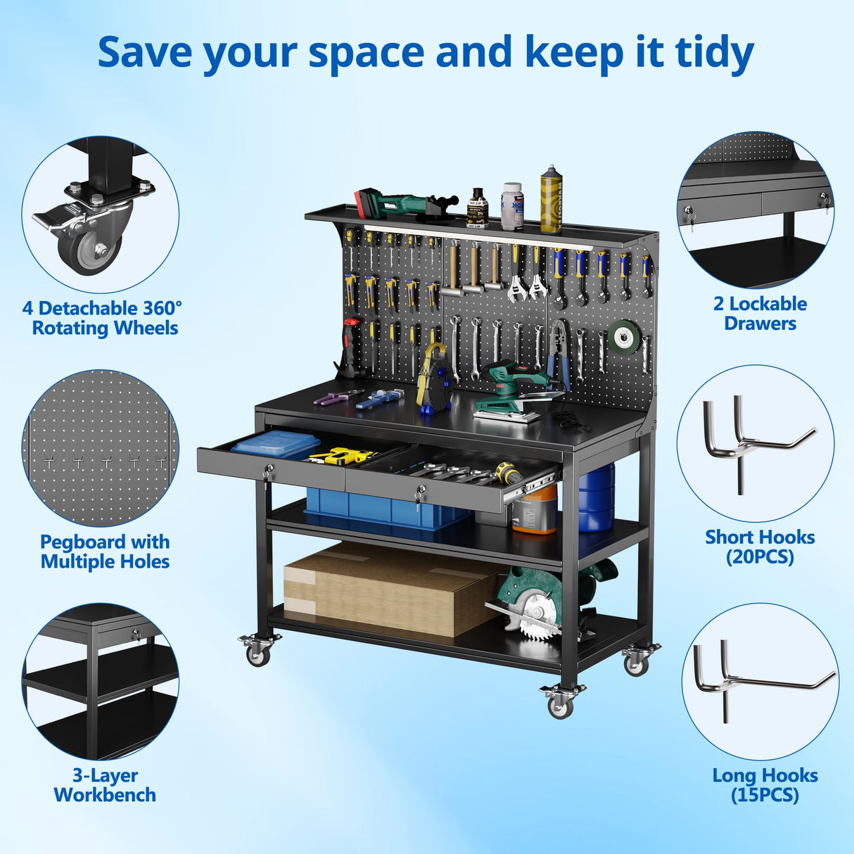 Aobabo Metal Workbench with 2 Lockable Drawer, Steel Tube Legs Workbench on Wheels, 3 Levels Workbench with Pegboard &35 Hooks for Garage Warehouse Utility Room, Black Tool Bench, Assembly Required Aobabo