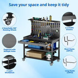 Aobabo Metal Workbench with 2 Lockable Drawer, Steel Tube Legs Workbench on Wheels, 3 Levels Workbench with Pegboard &35 Hooks for Garage Warehouse Utility Room, Black Tool Bench, Assembly Required Aobabo