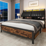 Queen Size Bed Frame with Adjustable Backrest Hidden Storage Headboard, PU Leather Upholstered Queen Bed Frame with Charging Station and LED Lights, Heavy Duty, No Box Spring Needed, Black&Brown Jocoevol