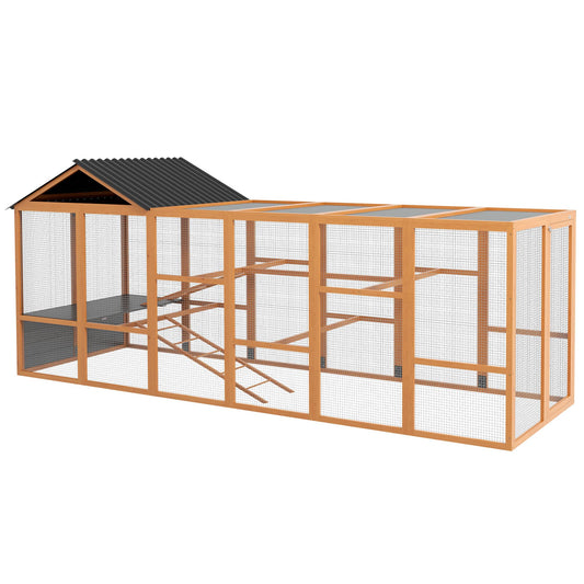 PawHut Wooden Chicken Coop Run for 6-10 Chickens, Hen House Add-On with Storage, Perches, 141.75" x 48" x 61", Orange - WoodArtSupply