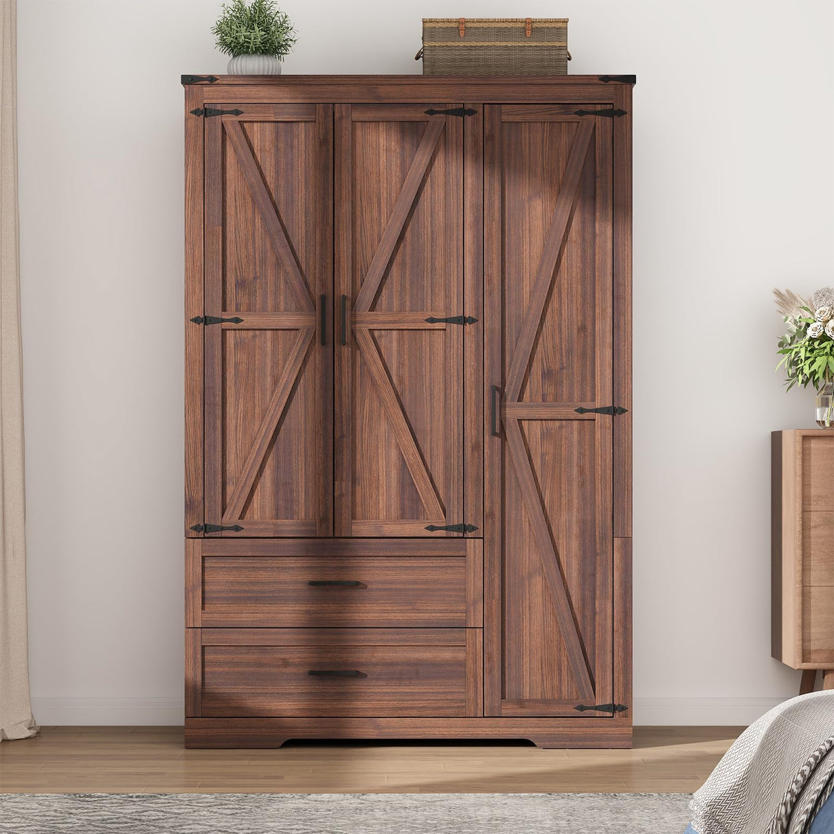 Hlivelood 3 Doors Wardrobe Armoire Closet with Doors and Drawers, Farmhouse Wooden Armoire Storage Cabinet with Shelves & Hanging Rod for Bedroom, Brown Hlivelood