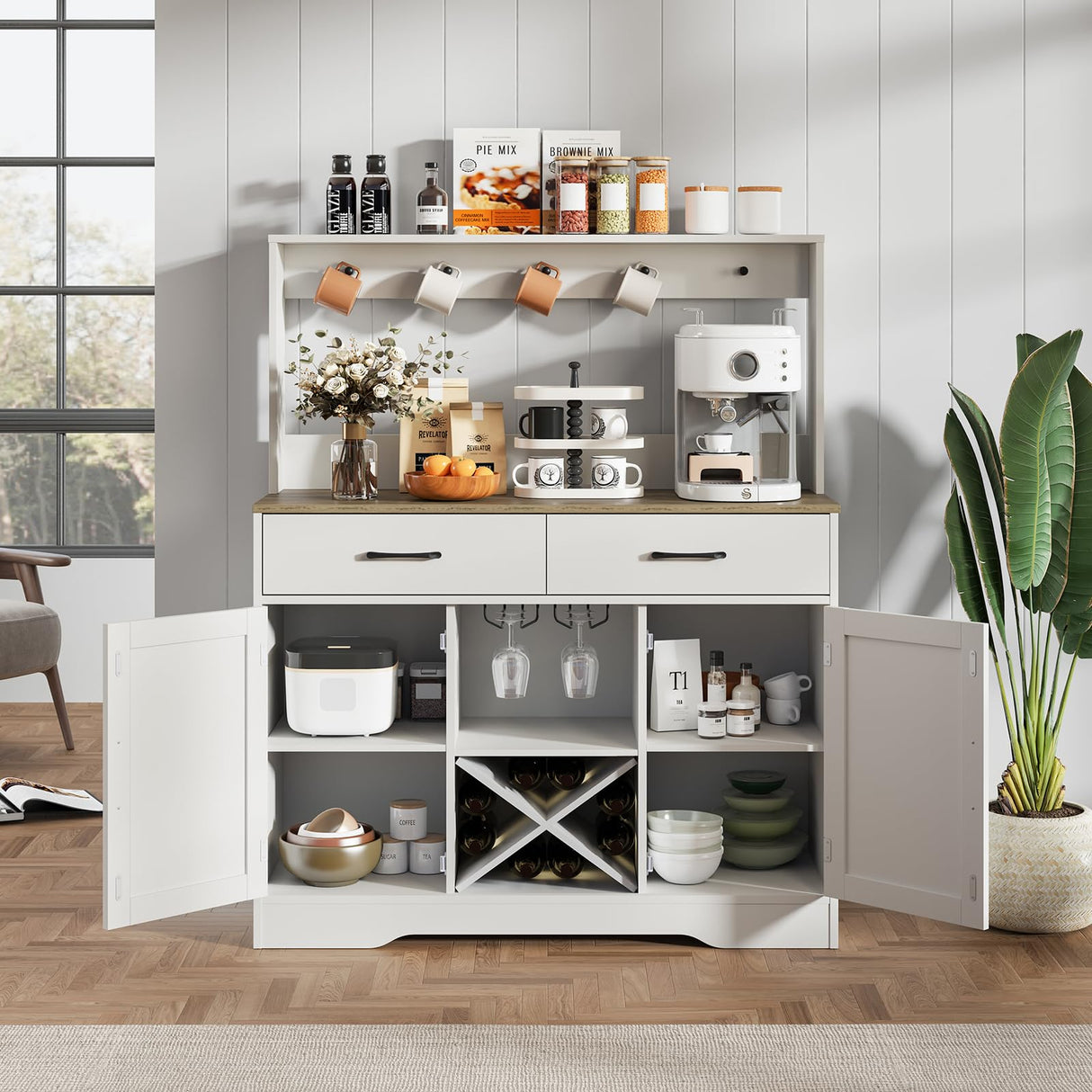 Buffet Cabinet with Storage,Sideboard Kitchen Storage Cabinet41.7 L x15.5 W x 47" H Farmhouse Coffee Bar Cabinet, with 2 Drawers and Shelves,Coffee Station Home Liquor Bar,White Mufico