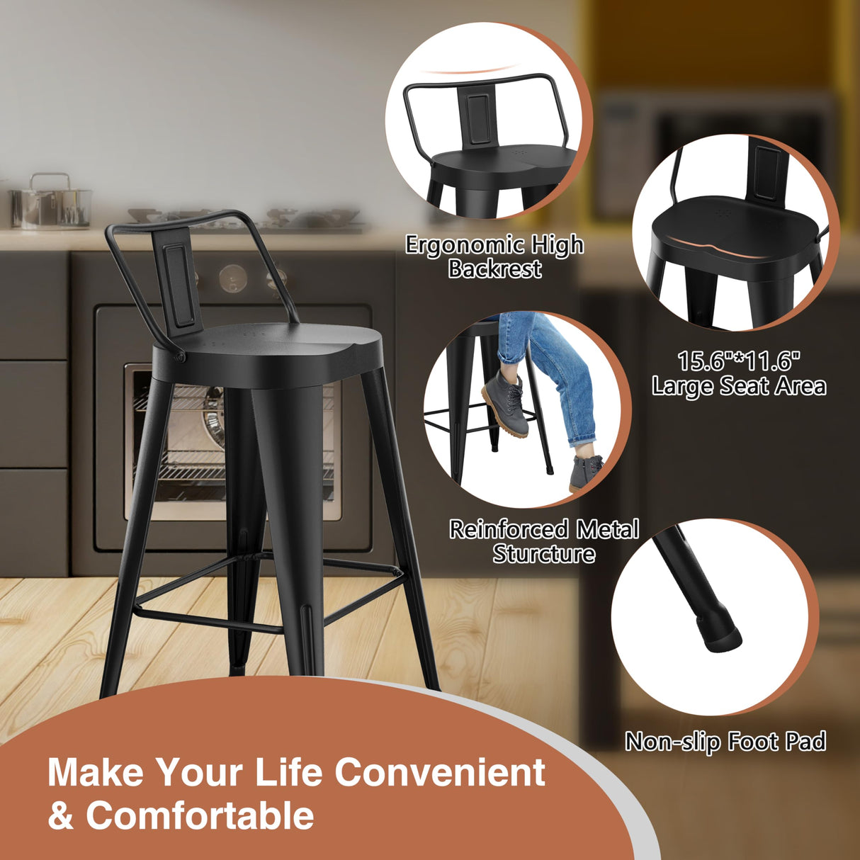 ALISH 24 Inch Bar Stools Set of 4, Industrial Metal Barstools Farmhouse Bar Chairs with Large Seat for Kitchen Island (24 Inch, Black) ALISH