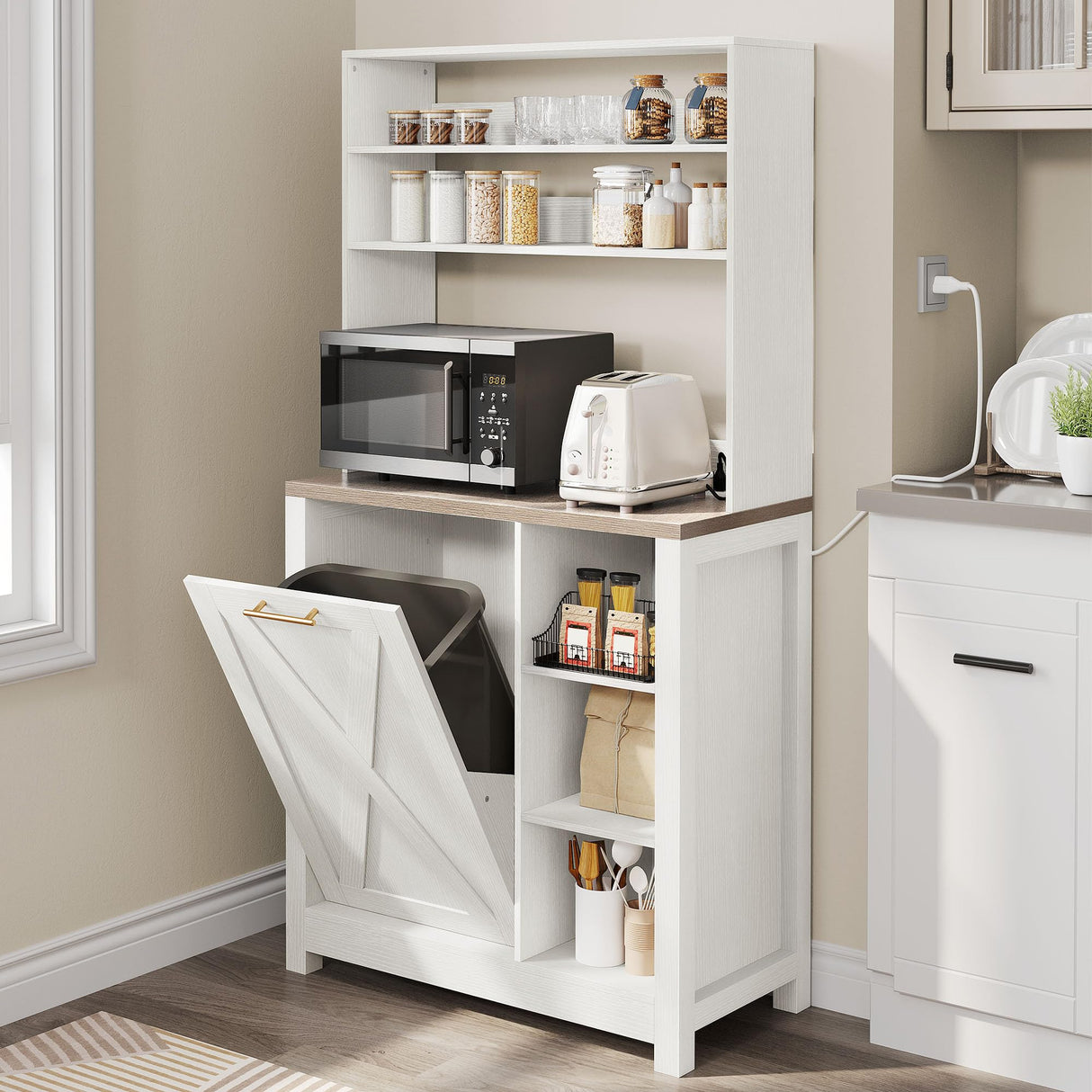 DWVO Bakers Rack Microwave Stand Cabinet with Trash Can Bin Cabinet and Power Outlet 6-Tiers Farmhouse Kitchen Tall Thickened Coffee Bar Table Station with Storage Shelf, White DWVO