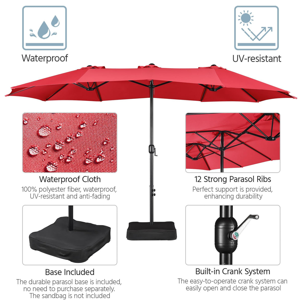 Yaheetech 15 ft Triple-size Patio Umbrella w/Base Included - Market Extra-Large Double Sided Umbrella - Twin-size Patio Parasol w/Easy Crank & 12 Strong Ribs & Ventilation Openings, Red Yaheetech