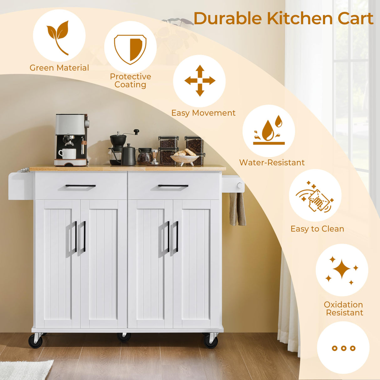 Yaheetech Rolling Kitchen Island with Drop Leaf, Kitchen Cart on Wheels with Storage Cabinet and Drawers, Rubberwood Top, Detachable Towel Rack, Spice Rack for Dining Room, White Yaheetech