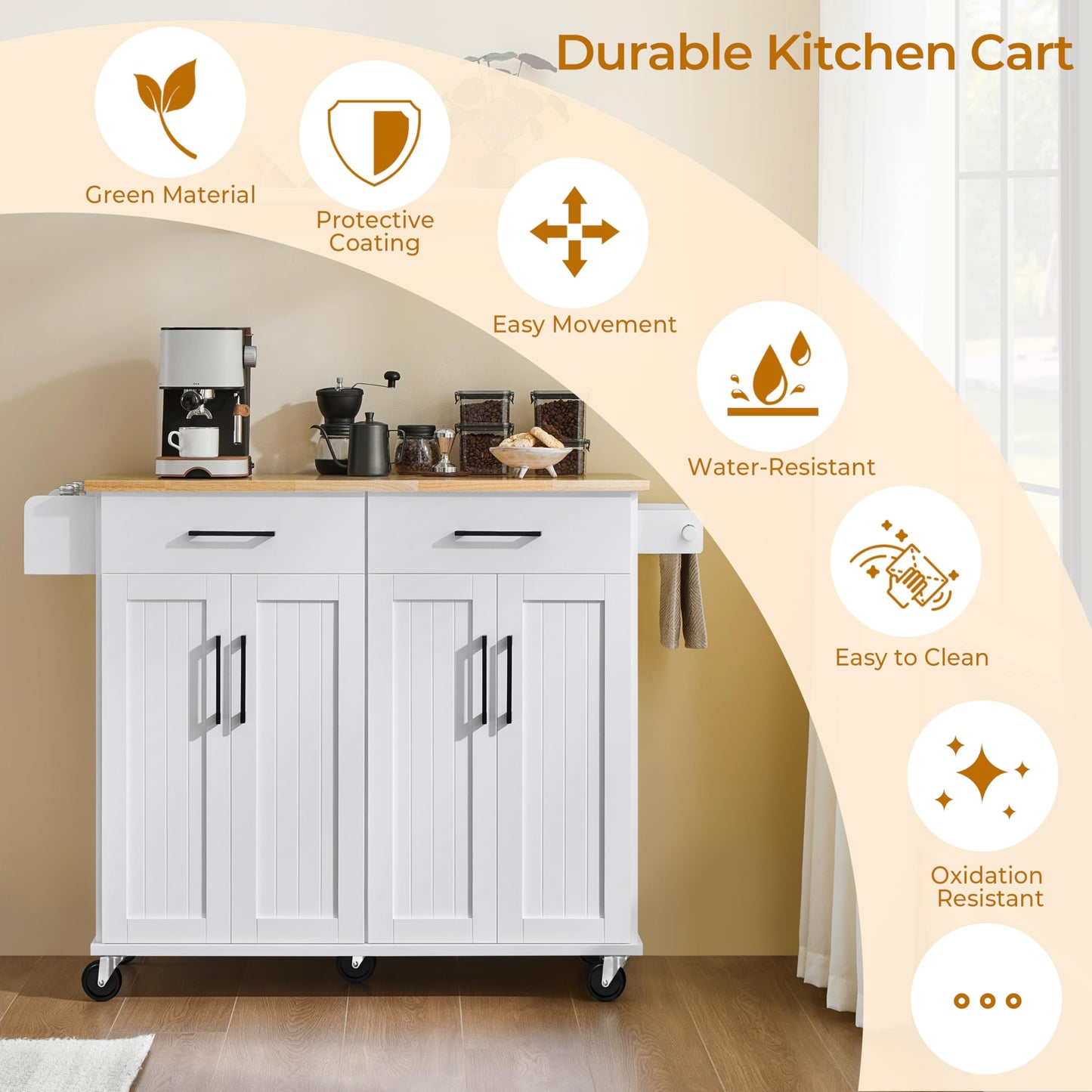 Yaheetech Rolling Kitchen Island with Drop Leaf, Kitchen Cart on Wheels with Storage Cabinet and Drawers, Rubberwood Top, Detachable Towel Rack, Spice Rack for Dining Room, White