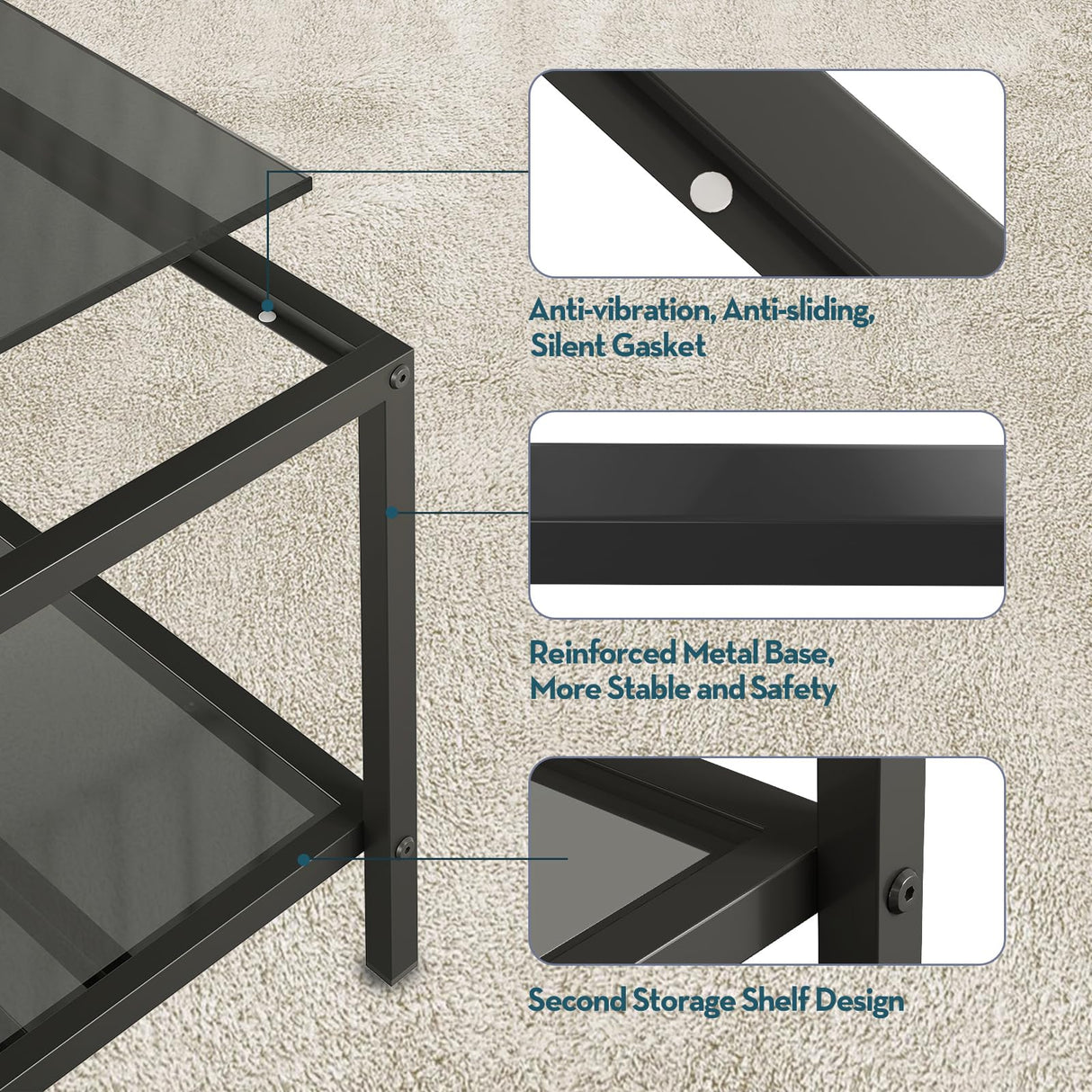 SAYGOER Modern Coffee Table Small Glass Coffee Table with Storage 2-Tier Simple Square Center Table for Living Room Home Office Sofa Table with Metal Frame 26.7 x 26.7 x 17.7 Inches, Gray Black SAYGOER