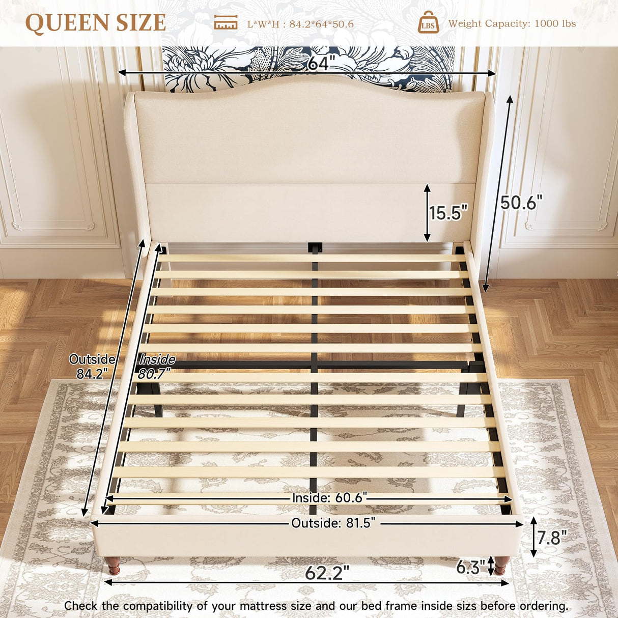 koorlian Queen Size Bed Frame Upholstered Platform Bed with 51" Tall Headboard Wingback, Soft Fabric, Retro Simple Style Platform Bed No Box Spring Needed, Easy Assembly, Beige koorlian