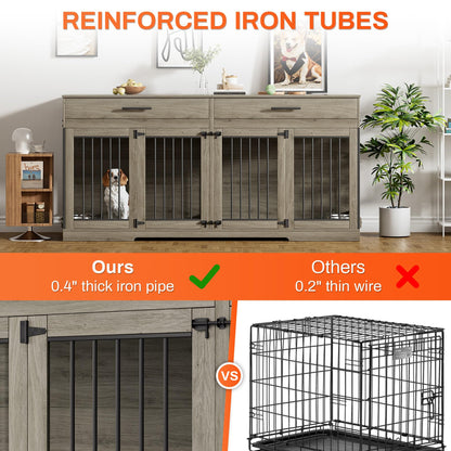 Rophefx Large Dog Crate Furniture for 2 Dogs, 72" Double Dog Kennel Indoor Furniture with 2 Storage Drawers and Removable Divider, Wooden Dog Cage with 4 Bowls, Dog House TV Stand, Rustic Grey