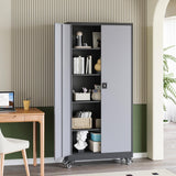 RAVIGIN Metal Garage Storage Cabinet with Wheels, 73" H Locking Tool Cabinet with 2 Doors and 4 Shelves, Tall Steel Cabinet for Garage, Heavy Duty File Cabinet for Office, School (Black Grey) RAVIGIN