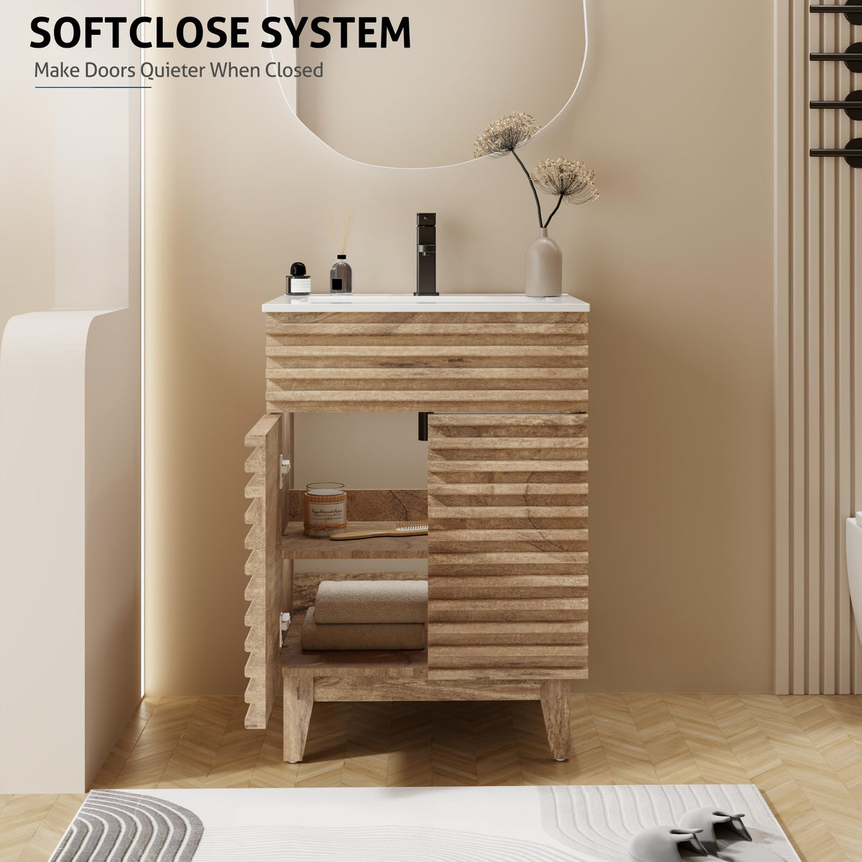 eclife 24" Bathroom Vanity with Sink Combo Mid-Century Freestanding Cabinet with Wood Stripes Decor, Adjustable Shelf, Undermount Sink Faucet Drain, Light Walnut eclife