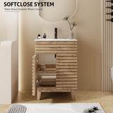 eclife 24" Bathroom Vanity with Sink Combo Mid-Century Freestanding Cabinet with Wood Stripes Decor, Adjustable Shelf, Undermount Sink Faucet Drain, Light Walnut eclife