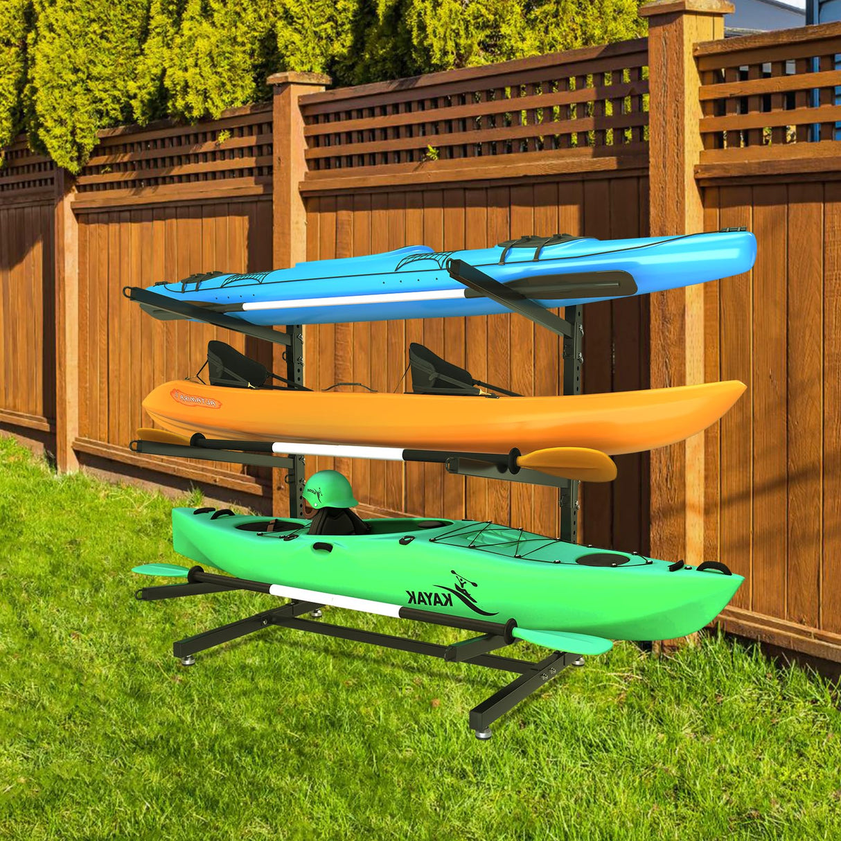 LotFun Kayak Storage Rack, Freestanding Heavy Duty Adjustable Kayak Stand Indoor Outdoor Storage Rack Garage, with Wheels and Foot Pad, for Kayaks, SUPs, Canoes, Surfboard(3 Levels) LotFun