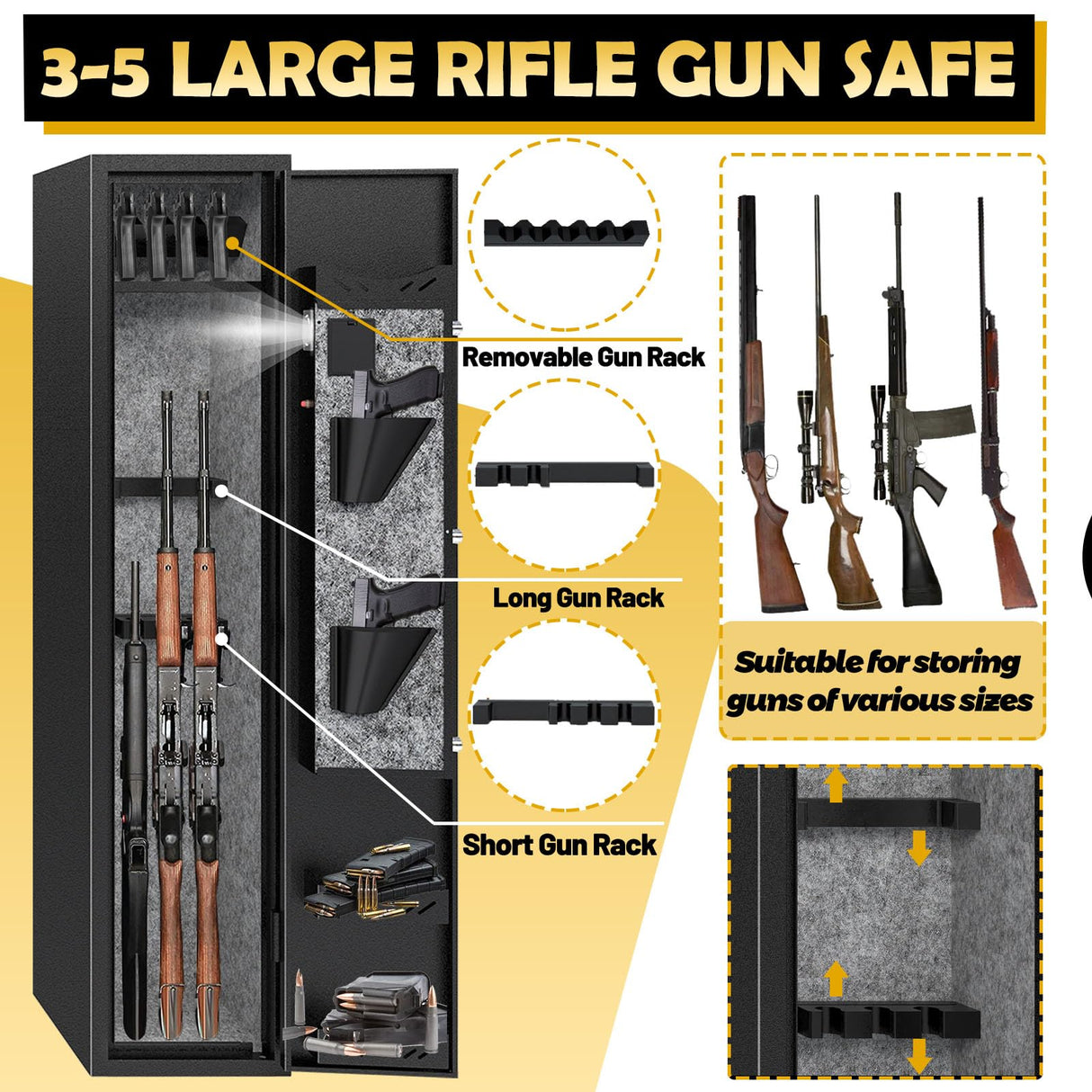KAER 4-5 Gun Safes for Home Rifle and Pistols,Gun Safes,Shotgun Rifle Safe,Gun Safes for Rifle and Shotguns,Long Gun Cabinets with Fingerprint/Digital Keypad/Removable Shelf for Rifles Safes KAER