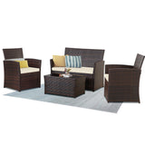 Seogwisam 4 Piece Patio Furniture Set, Outdoor Wicker Conversation Set, Rattan Sectional Sofa Couch with Glass Coffee Table & Thick Cushion for Backyard, Porch, Garden, Poolside, Brown/Beige Seogwisam