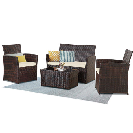 Seogwisam 4 Piece Patio Furniture Set, Outdoor Wicker Conversation Set, Rattan Sectional Sofa Couch with Glass Coffee Table & Thick Cushion for Backyard, Porch, Garden, Poolside, Brown/Beige Seogwisam
