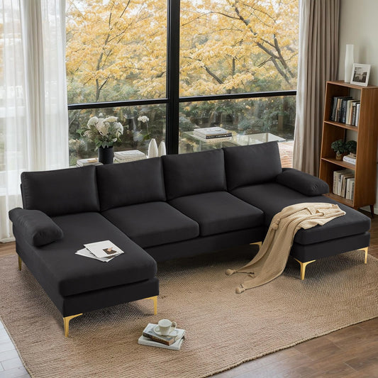 VINGLI 110" Modern U Shaped Sectional Couch with 51"D Double Chaise for Living Room, Black Deep Seat Sectional Sofa Sets with 5.9" Thickness Seating Padding for Home Furniture,Linen Fabric,Metal Legs