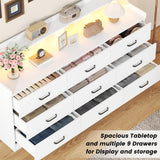 Bigbiglife 9 Drawer Dresser with Built in Power Outlet and LED Light, Modern Chest of Drawers for Bedroom, Triple Wide Drawer Organizer Cabinet for Living Room, Entryway, Hallway, Antique White Bigbiglife