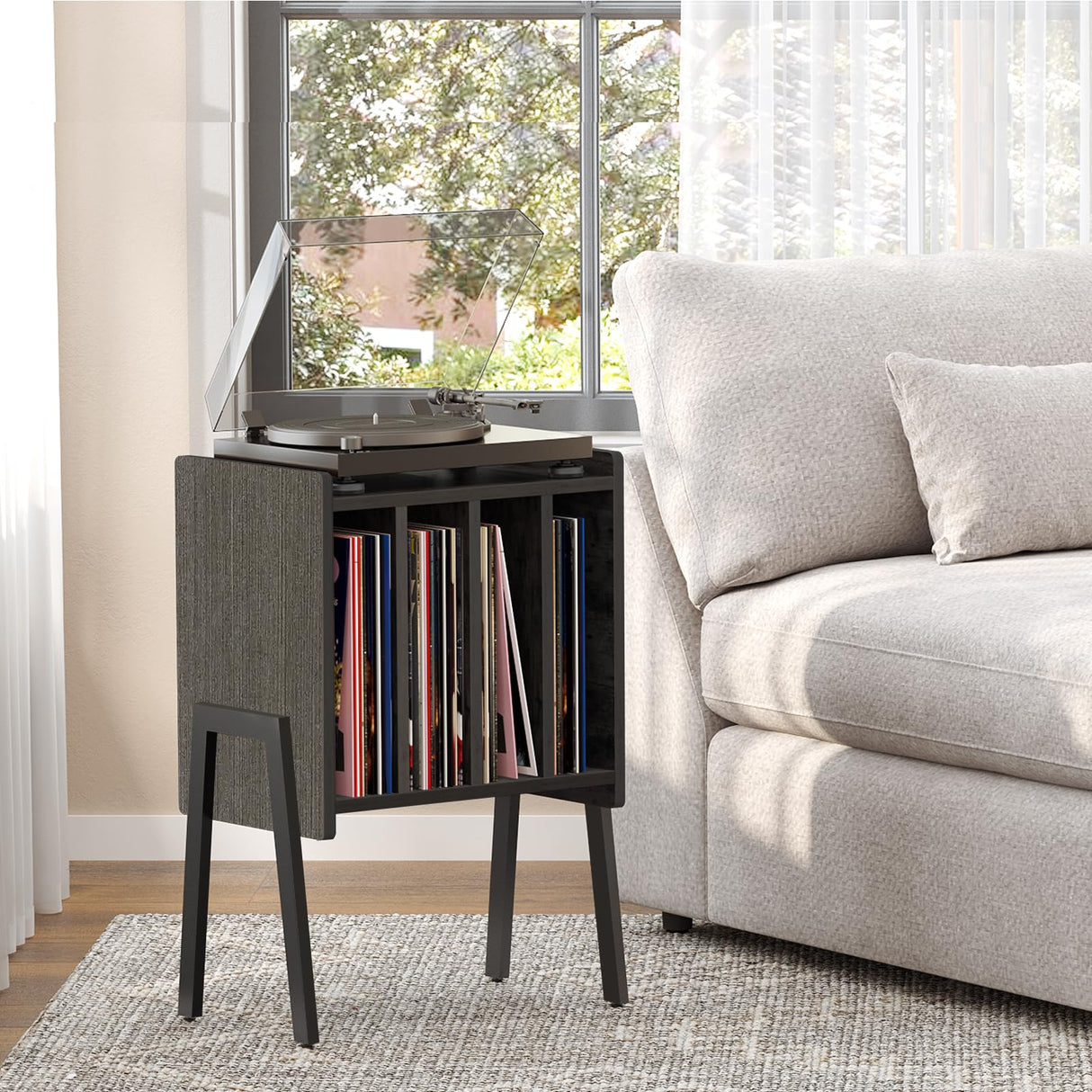 TUTOTAK Record Player Stand, Record Storage Table, End Table with Vinyl Holder Display Shelf, Side Table, Turntable Stand, Nightstand (Black) TUTOTAK