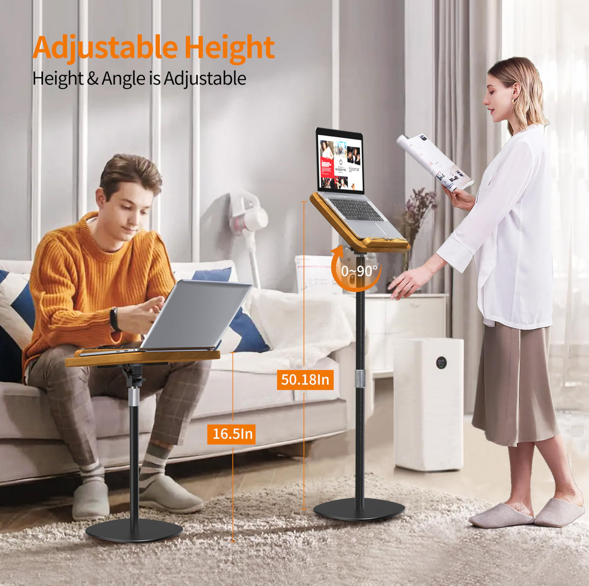 NAMON 2 in 1 Dual-use Floor Book Stand & Desktop Book Stand, 100% Solid Wood and Metal Build, Height Adjustable from 16.5-51in, Floor Holder Stand with Page Paper Clip for Cookbooks, Sheet Music, etc. NAMON