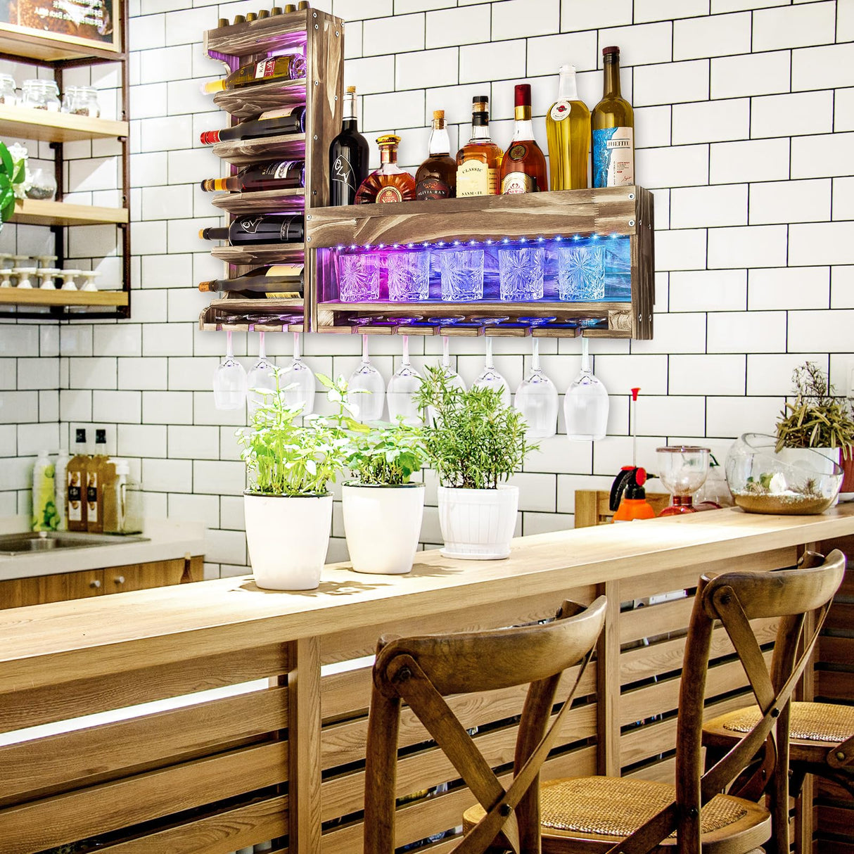 Homde Wine Rack with LED Light Wall Mounted Wood,Wine Shelf with Bottle Stemware Glass Holder Rustic, Wine Display Storage Rack with Cork Holder for Home Bar Kitchen Decor Homde