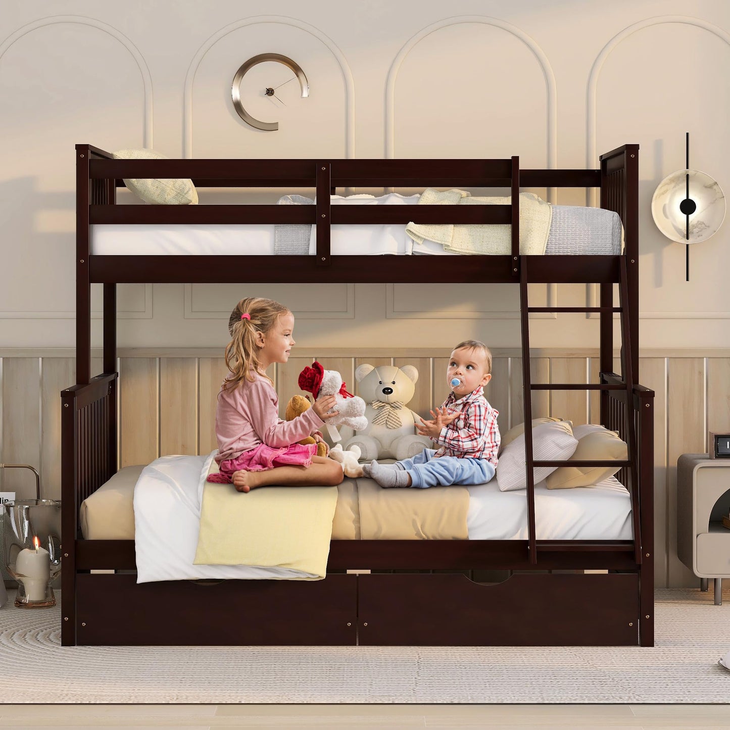 SLEERWAY Espresso Twin Over Full Bunk Bed with Storage Drawers - Solid Wood Convertible Frame for Kids and Adults - WoodArtSupply