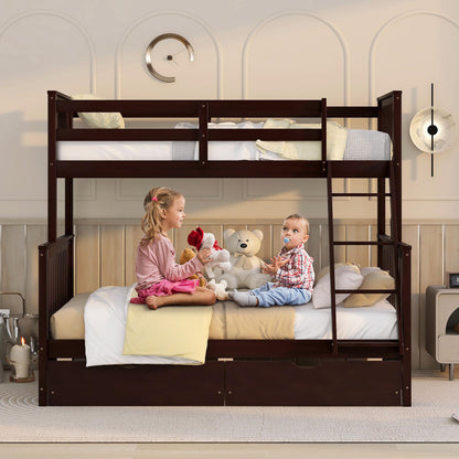 SLEERWAY Espresso Twin Over Full Bunk Bed with Storage Drawers - Solid Wood Convertible Frame for Kids and Adults - WoodArtSupply