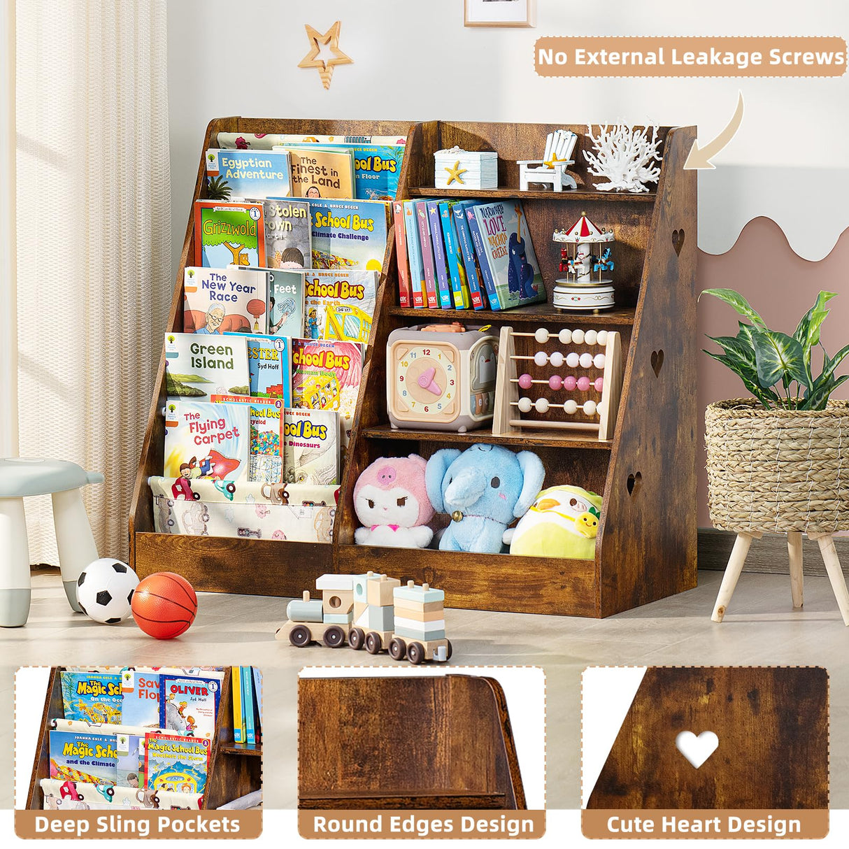 Lerliuo 4 Tier Kids Bookshelf and Storage Organizer, Five Layer Sling Children Bookcase, Baby Toddler Wooden Book Shelf, Display Cabinet for Playroom, Bedroom, Classroom, Nursery, School (Brown) Lerliuo