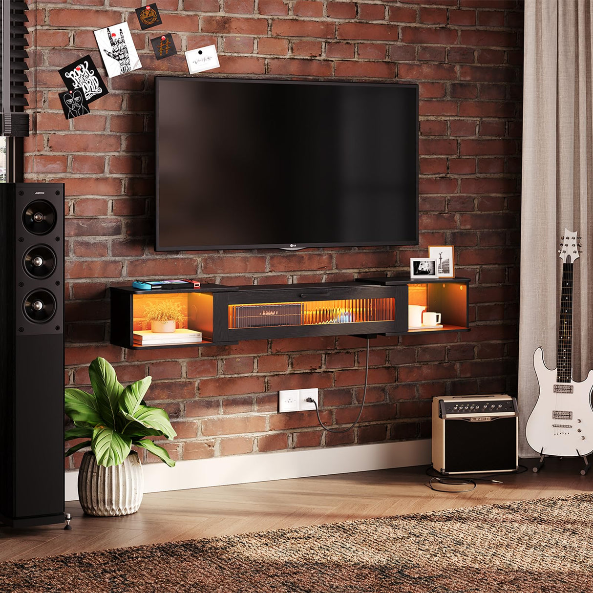 HOOBRO Floating TV Stand with LED Light Power Outlet for TVs up to 65”, Wall Mounted TV Shelf, Modern Media Console Entertainment Center Under TV, for Living Room Bedroom, Black BK34UDDS01G1 HOOBRO