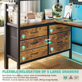 Loft Bed Twin Size with L-Shaped Desk and Storage, Metal Bunk Bed with Desk Underneath and LED Lights & Charging Station, Twin Loft Bed with Desk, 5 Drawer 2 Pegboards, Safety Guard Ladder, Brown BYSAUD