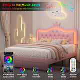 Keyluv Pink LED Upholstered Crown Bed Frame with Storage Drawer and Adjustable Headboard Keyluv