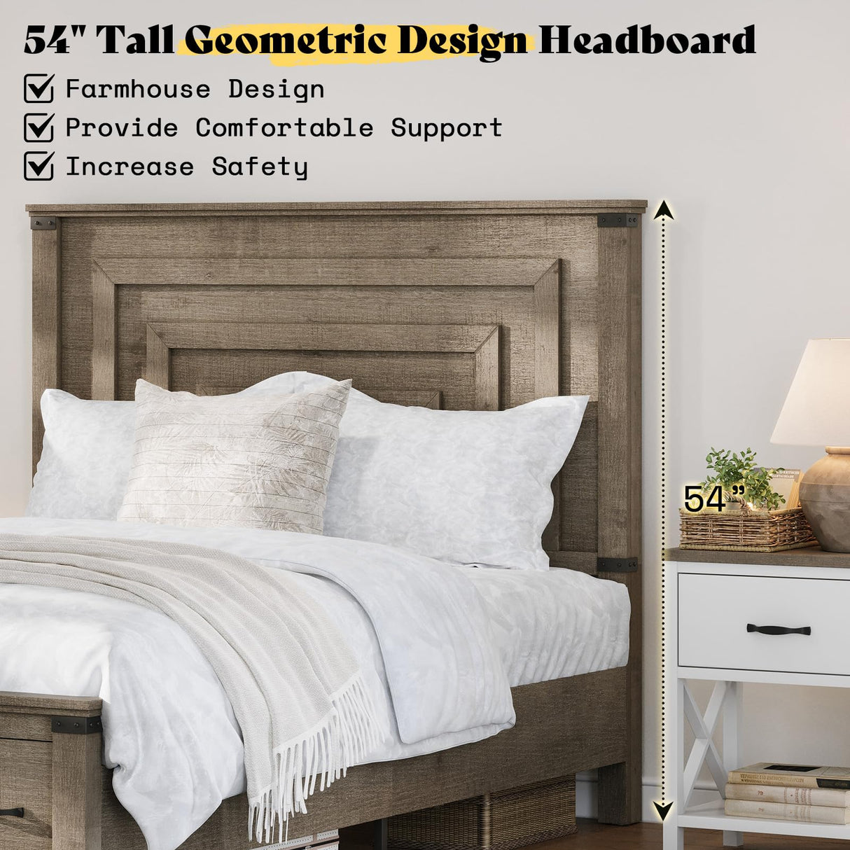 AMERLIFE Farmhouse Full Size Bed Frame with 54" Tall Geometric Headboard & Footboard, Rustic Wood Platform Bed Frame with Large Storage Drawers, Wood Slats Support, No Box Spring Needed, Rustic Grey AMERLIFE