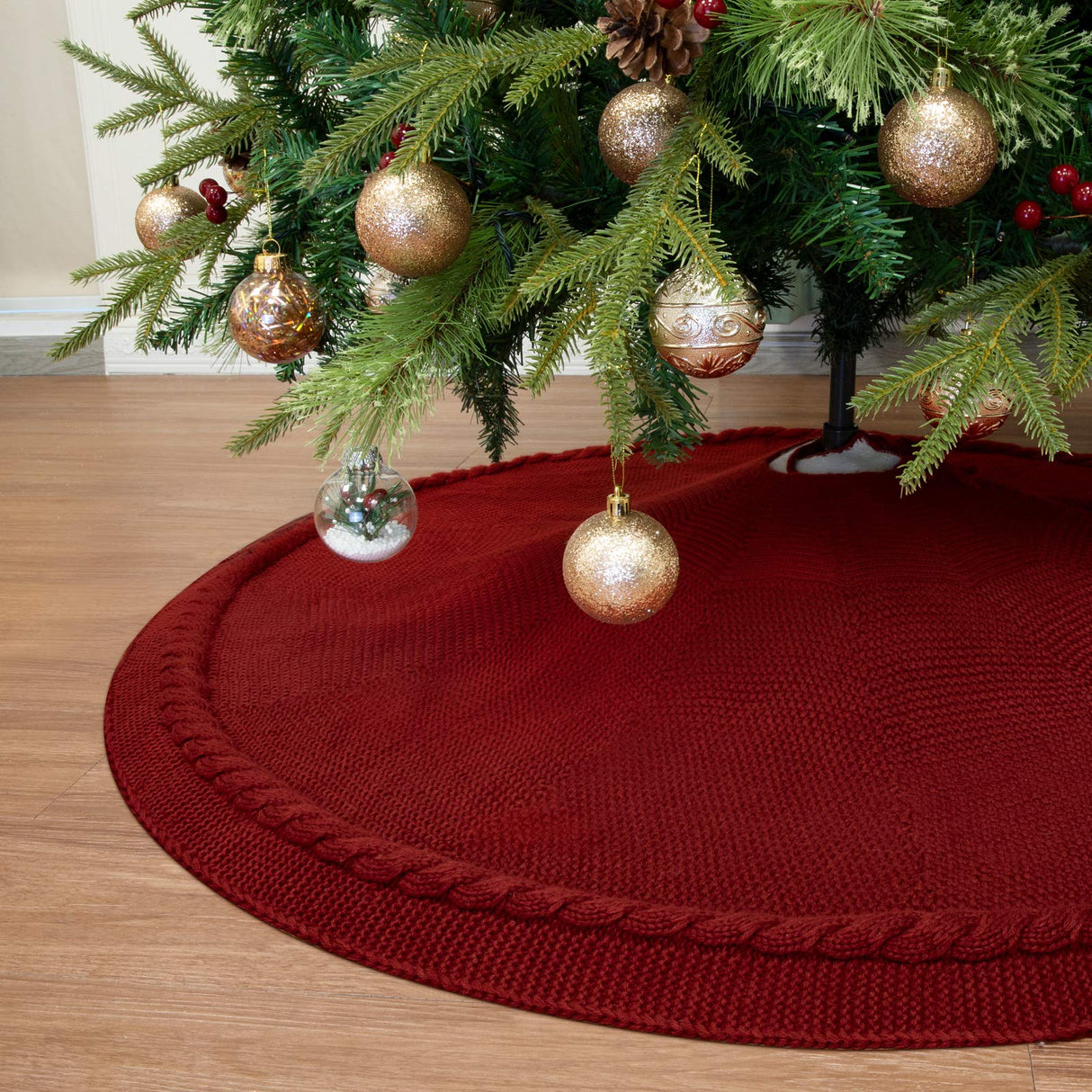 WBHome Christmas Tree Skirt, 52 inch Cable Knit Knitted Thick Rustic Holiday Decoration, Christmas Red WBHome