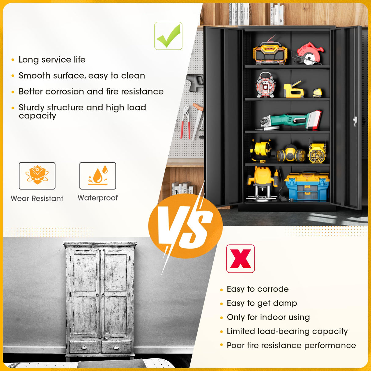 Greenvelly 72" H Metal Garage Storage Cabinet with 2 Doors and 4 Adjustable Shelves, Black Metal Cabinet with Lock, Metal Tool Cabinet for Office,Home, Garage, Gym, School Greenvelly