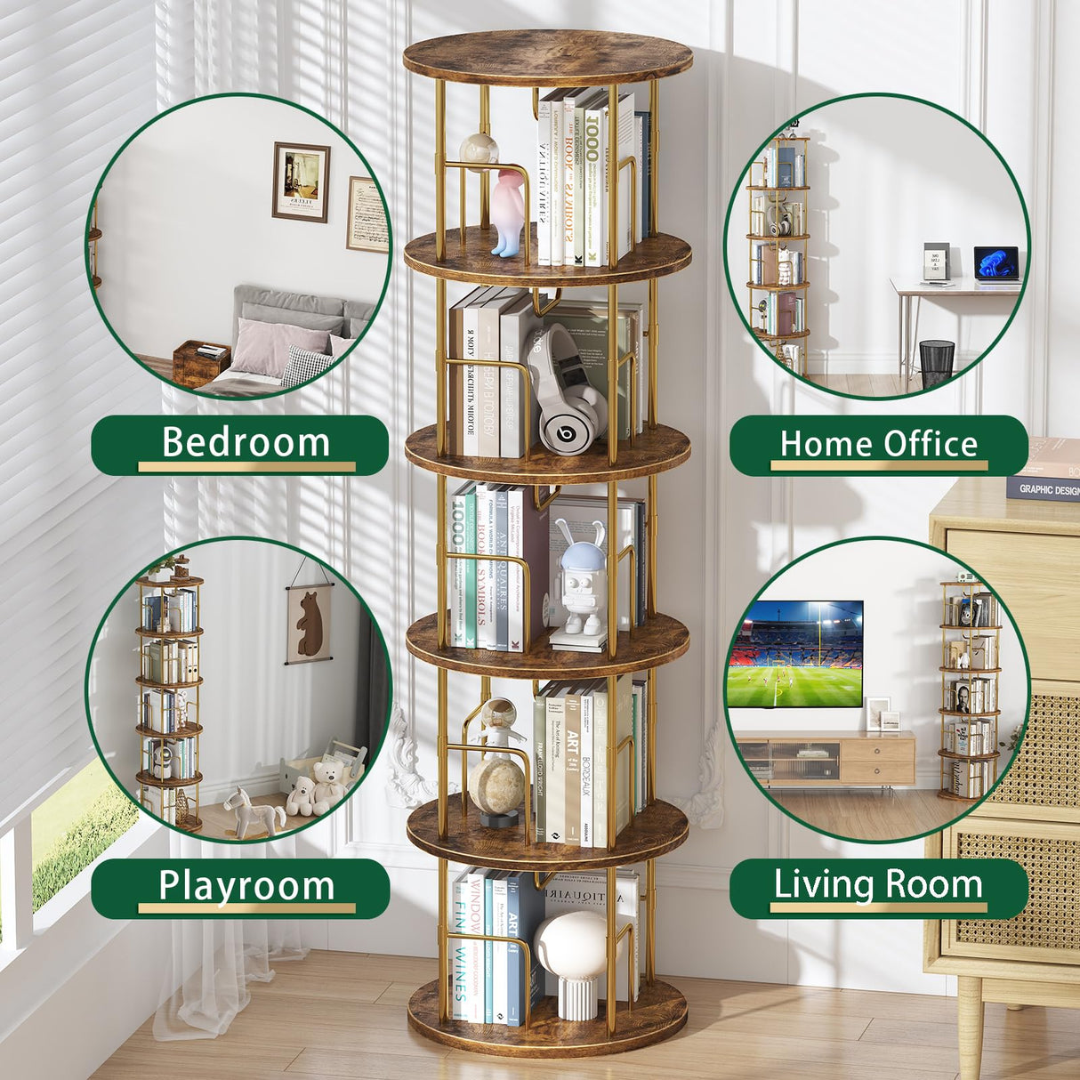 5Tier Rotating Bookshelf, 360 ° Display Stackable Spinning Bookshelf Tower, Narrow Space Saving Tall Floor Standing Swivel Bookcase Corner Storage Organizer for Bedroom/Living Room/Office，Gold swlongbooks