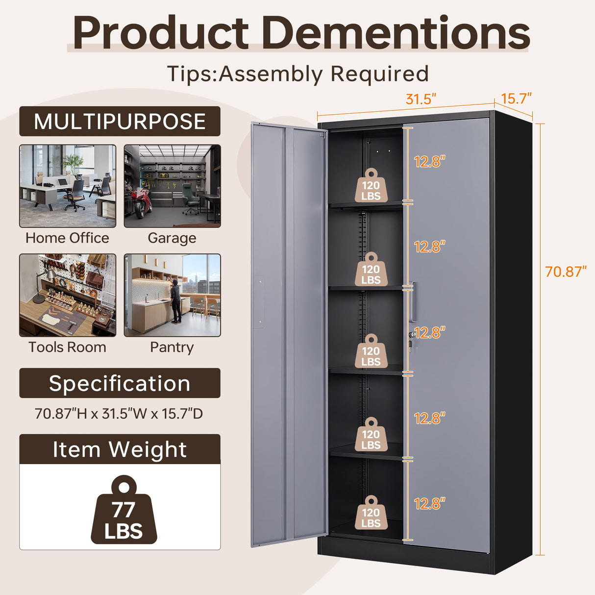 AFAIF Metal Storage Cabinet with Lock,71" Garage Cabinet with 2 Doors and 4 Adjustable Shelves, Steel Locking Cabinets Tall Tool Storage Cabinet, Lockable File Cabinet for Home Office, Pantry AFAIF