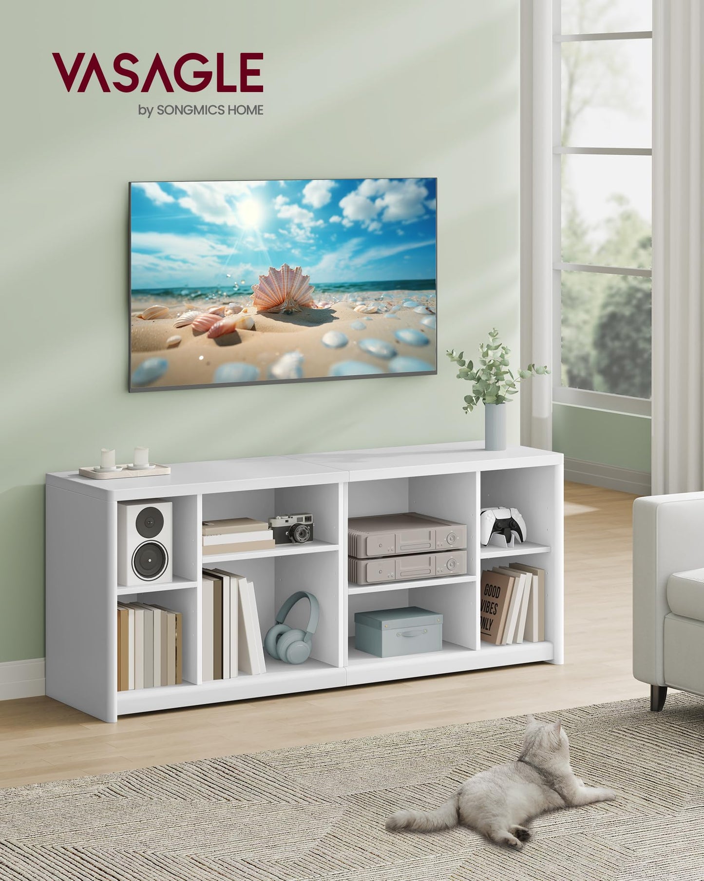 VASAGLE TV Stand for TVs up to 65 Inches, Entertainment Center with Storage Shelves, TV Console Table, Easy to Assemble, TV Cabinet for Living Room, Bedroom, Cloud White ULTV111W01