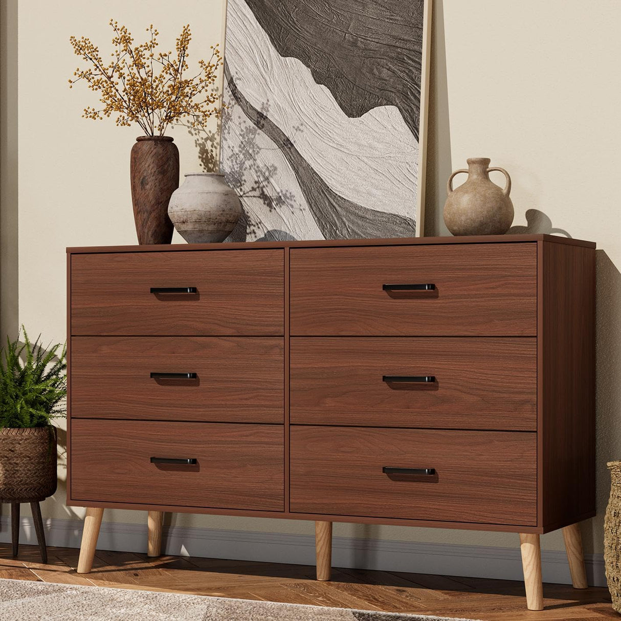 Bigbiglife Wood Dresser for Bedroom with 6 Drawer Mid Century Modern Dresser Double Chest of Drawer (Walnut Brown) Bigbiglife
