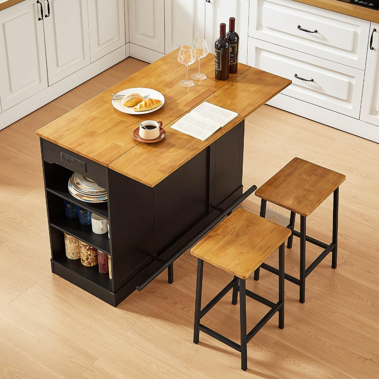 ONBRILL Stationary Kitchen Islands Include 2 Chairs, 47" Kitchen Island with Drop Leaf, Home Bar Table with Spice Rack & with Trash Cabinet, Island Table for Dining Room with Power Outlet, Black ONBRILL