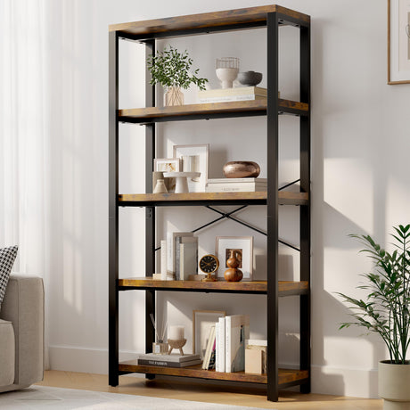 iabifo 5-Tier Adjustable Heavy Duty Bookshelf, Industrial Wooden Open Storage Rack with Black Metal Frame, Vintage Bookcase with Lock Wall Design, Rustic Brown iabifo