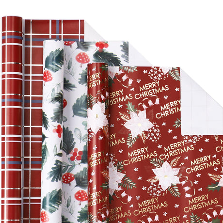 LeZakaa Christmas Red Wrapping Paper Roll - Mini Roll - Mushroom Printing, Flower Metallic Foil, Red Backing Plaid Collections for Christmas Holiday Party - 17 x 120 inches - 3 Rolls (42.5 sq.ft.ttl.) LeZakaa
