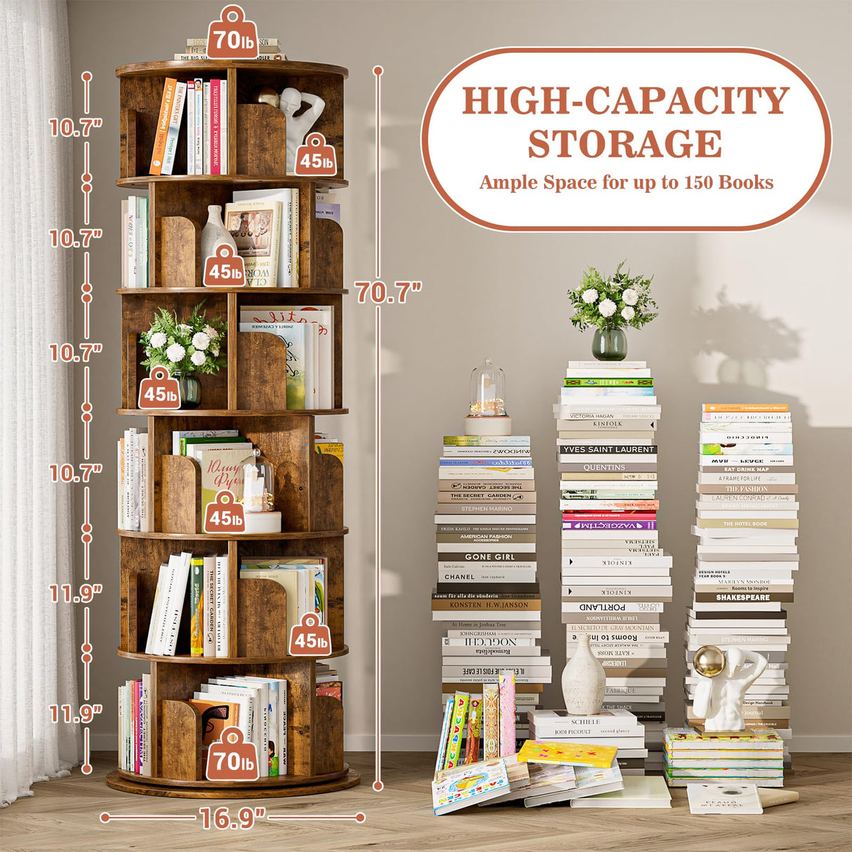 Aheaplus 6 Tier Rotating Bookshelf, Wood Spinning Bookshelf Tower, Round Revolving 360 Bookcase, Narrow Turning Book Shelf Rolling Corner Organizer for Small Space, Bedroom, Office, Rustic Brown Aheaplus