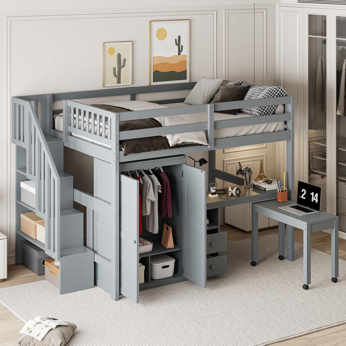 Harper & Bright Designs Full Size Loft Bed with Stairs and Bookshelf, Wood Full Storage Bed with Desk & Wardrobe, Space-Saving Multifunctional Furniture for Kids & Teens - Gray Harper & Bright Designs