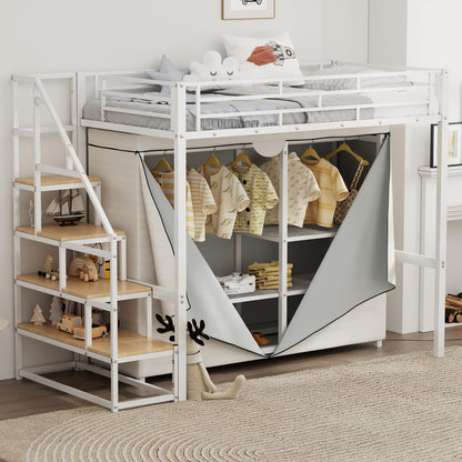 Twin Size Loft Bed with Stairs and Storage Shelves, Heavy Duty Loft Bed with Wardrobe and Removable Dust Cover, Twin Loft Bed with Full Length Guardrail, White Loft Bed Twin Size