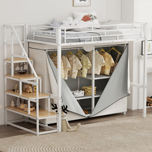 Twin Size Loft Bed with Stairs and Storage Shelves, Heavy Duty Loft Bed with Wardrobe and Removable Dust Cover, Twin Loft Bed with Full Length Guardrail, White Loft Bed Twin Size